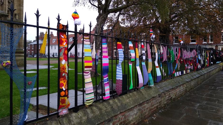 yarn bombing on minster railings