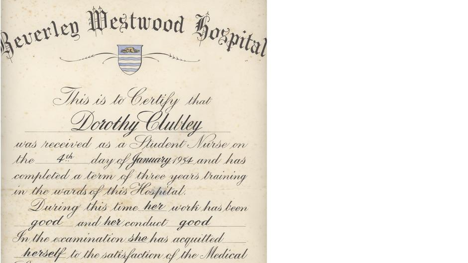 nursing certificate of dorothy clubley 1954